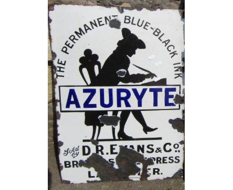 A pictorial vintage enamel sign of rectangular form advertising Azuryte the permanent blue black ink 73 cm x 51 cm. Probably 