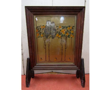A Framed panel showing two owls on an orange tree bough, surrounded by ripe fruit and painted on a linen back, later adapted 