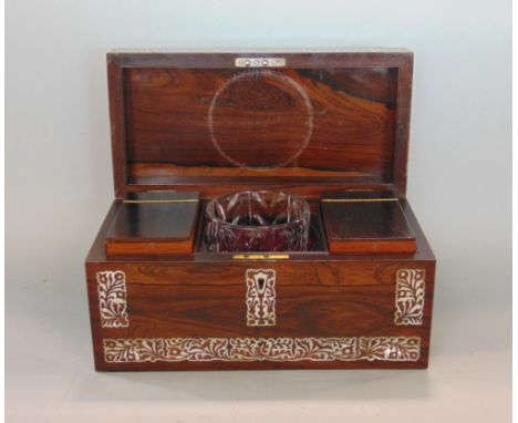 19th century rosewood and mother of pearl inlaid tea caddy, the hinged lid enclosing a fitted interior with two further lidde