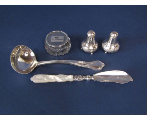 A mixed collection of silver to include a silver sauce ladle with albany handle, pair of 925 white metal silver baluster pepp