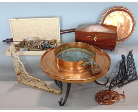 Copper and wrought iron brazier, 44cm diameter; together with a further 19th century mahogany sarcophagus tea caddy, collecti