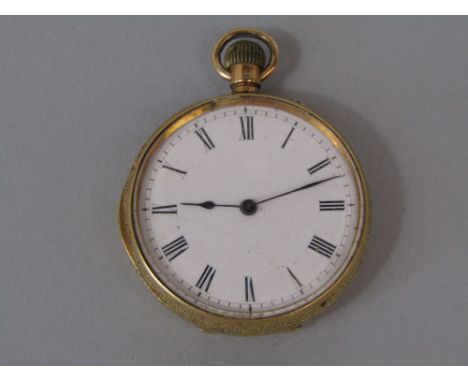 18ct fob watch by Searle &amp; Sons of Plymouth with engraved case and white enamel dial with Roman numerals