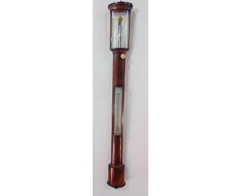 Russian flame mahogany stick barometer with mercury barometer and thermometer, with Russian inscriptions and bowed case, 97 c