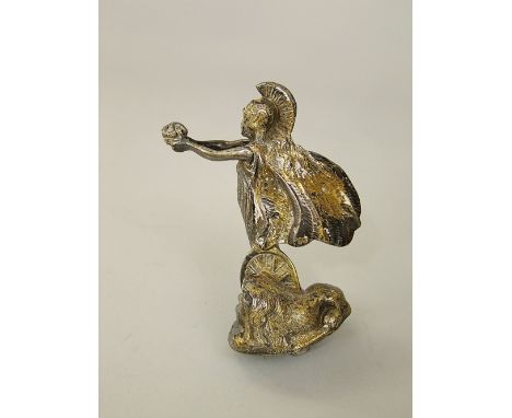 1910 George V Coronation car mascot in the form of Britannia holding a crown, at her feet a lion, Vivat Rex - (Long Live The 
