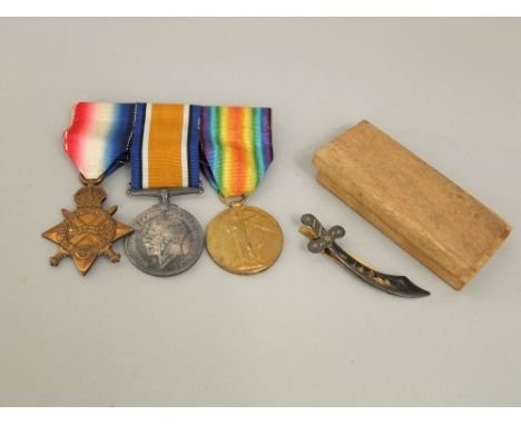 1914-15 Star, 14-18 and Victory Medals named 2184 Corporal A.C. Worley, 7th London Regiment, a Damascene sabre shaped tie cli