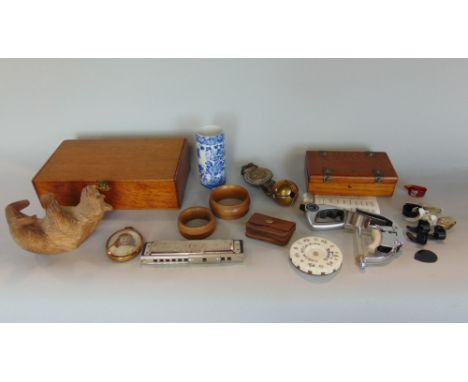 A mixed cabinet lot to include a Black Forest bear, a Chinese blue and white pot, strap work and oak box, a miniature portrai