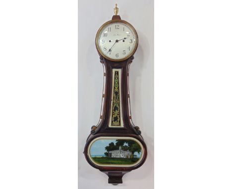 American mahogany cased drop dial wall clock of baluster form with two painted panels, one of a manor house and grounds, eigh