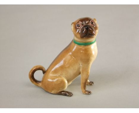 A 19th century Meissen type model of a seated pug with green and gilt collar, with blue crossed swords mark to base and impre