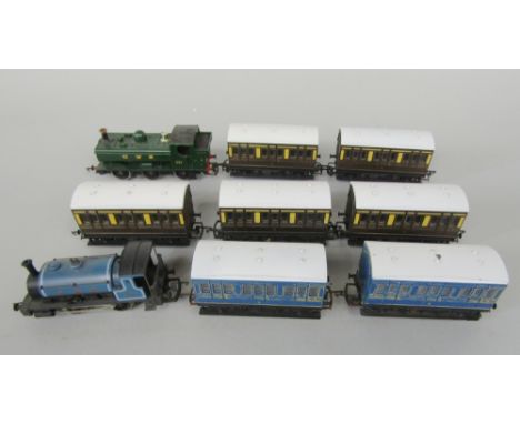 A Hornby 00 gauge GWR tank 980 engine and five Hornby brown coaches, Hornby engine C &amp; R and two blue coaches
