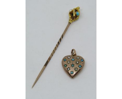 Turquoise and seed pearl set stick pin, the head of twisted cage design and stamped '15', together with a 9ct heart shaped pe