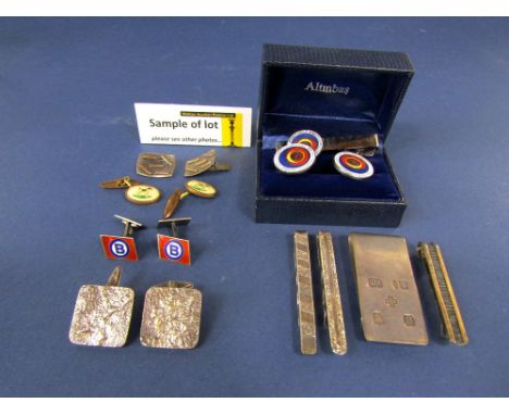 Collection of silver and other cuff links and costume jewellery to include two 925 silver cuff links with enamelled decoratio