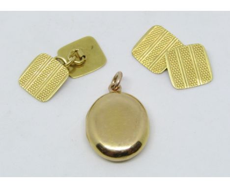 18ct locket together with a pair of engine turned gold cufflinks with French eagle head stamp, 11.4g total 