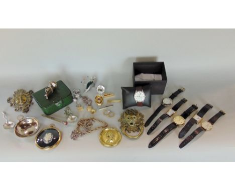 A box of interesting items to include watches, silver plate, jewellery boxes, interesting brass door knocker and others