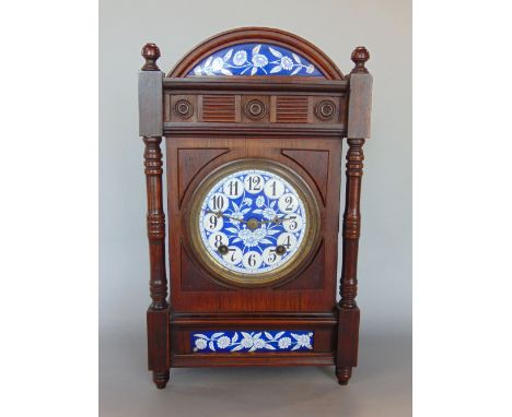 Continental rosewood Arts and Crafts style shelf clock with blue and white enamelled panels and dial fitted with a two train 