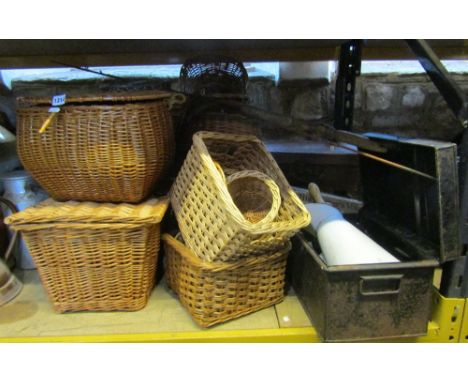 A large mixed collection of handmade baskets of all types, some open, some with covers (approx 30) together with a tin trunk,