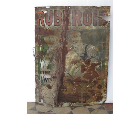 A vintage enamel sign of rectangular form advertising Rubberoid, approx 68 cm wide x 92 cm height (AF), together with a Victo