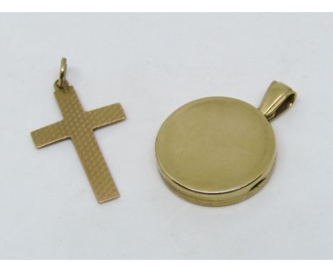 9ct locket together with a 9ct engine turned cross pendant, 10.5g total