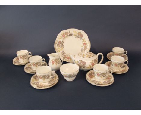 A six place Wedgwood Lichfield pattern tea service including tea pot, milk jug, sugar bowl, cake plate, six cups, six saucers