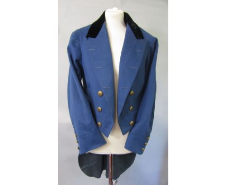 Blue tailcoat by Henry Poole Y&amp; Co, Saville Row labelled  "1911 Earl of Portarlington" with black velvet collar and monog