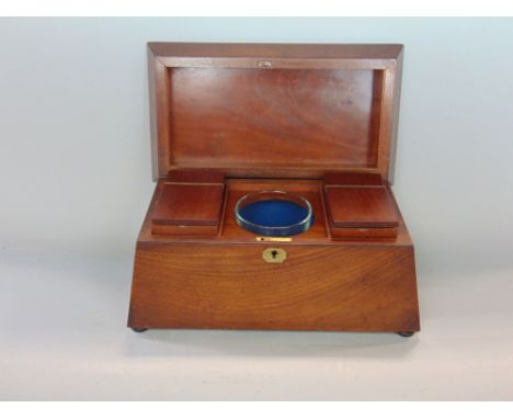 19th century mahogany sarcophagus tea caddy, the hinged lid enclosing a fitted interior with two lidded compartments and glas