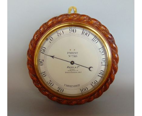 Good oak rope twist silver faced wall thermometer by Hinton &amp; Co of Strand, London, 28 cm diameter