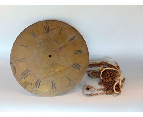 Early brass circular thirty hour clock movement by Hill Totley, the dial with Roman and Arabic numerals and scrolled foliage,