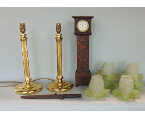 A mixed lot to include a pair of Corinthian column table lamps, a miniature longcase clock fitted with a quartz movement, a b