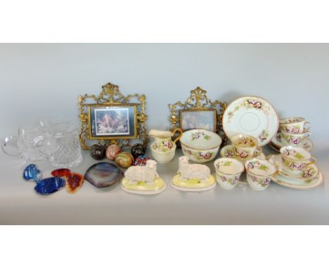 A mixed miscellaneous lot to include a Wild Brothers pansy pattern part tea service, a pair of Staffordshire sheep, marble eg