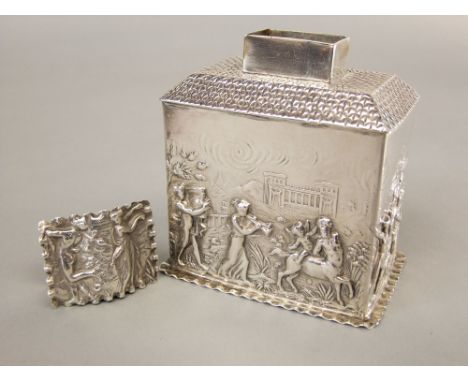 Attractive Victorian silver pagoda shaped caddy, the lid and bowl embossed with procession of classical figures with architec