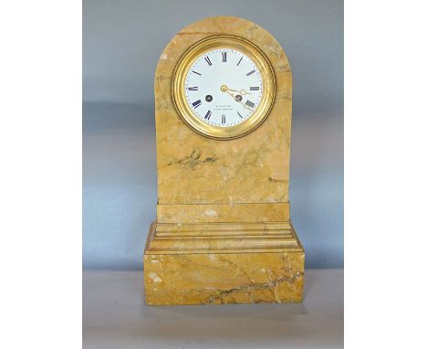Good quality French yellow veined marble lancet mantle clock, the 5 inch, two train enamelled dial fitted with Roman numerals
