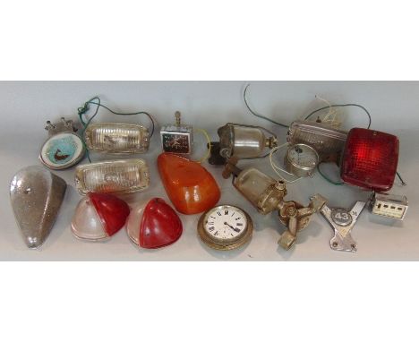 A box containing a collection of vintage car parts to include a Jaeger car clock and others; together with a vintage enamel f