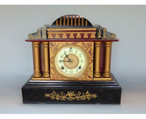 An unusual American sheet musical architectural mantle clock with gilt highlights with enamelled chapter ring and two train A