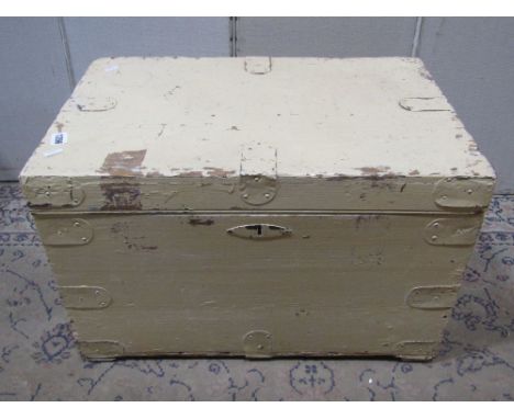 A 19th century pine travel trunk with steel banded borders