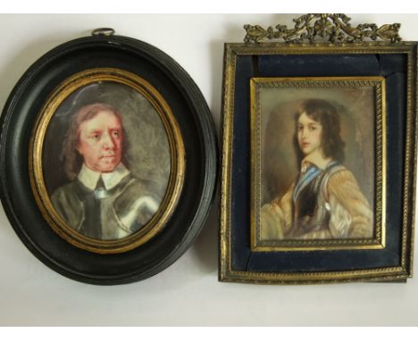 Late 19th century English school - Miniature portrait on ceramic panel, shoulder length study of Oliver Cromwell in armour, i