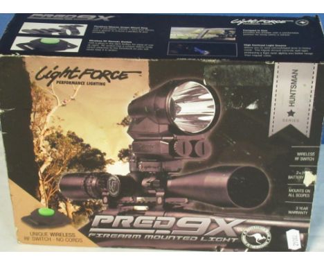 Lightforce PRED9X firearm mounted light in own carry case, green and red filters and two rechargeable batteries 