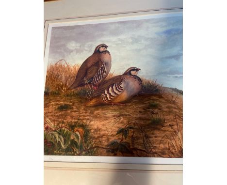 Large print by T. Hutchinson 2003, pair of partridges on moorland 3/50 signed by artist 70cm x 57cm 