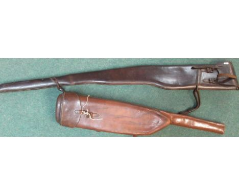 Vintage leather shotgun saddle holster. Leather shotgun slip with shoulder strap and pocket for cleaning rod 