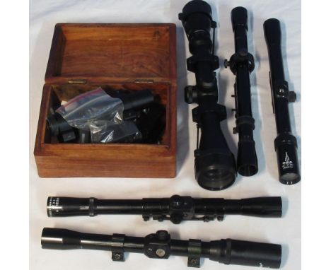 Nikko Stirling 3-9x40 scope, Webley 4x20 scope, BSA 3x20 scope, Tasco 4x20 scope, unnamed scope and box cont. Ultra Beam shot