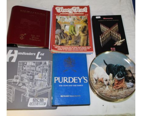 Collection of 13 commemorative plates depicting dogs, 10 Fancy fowl mags' PURDEY'S The gun and the family, Book by Richard Be