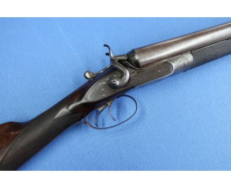 12 bore black powder proof double barreled hammer gun by Burgess with 30 inch Damascus barrels, choke CYC CYC 14 1/4 inch, le
