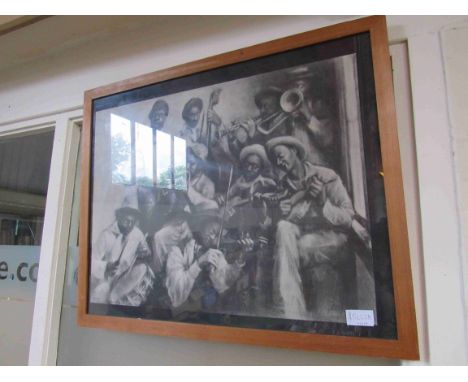 A framed and glazed print of an American jazz group