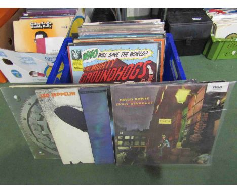 A box of mixed LPs including Ramones, Led Zeppelin, Lou Reed, Bob Dylan, Carly Simon, Blue Oyster Cult, The Groundhogs, David