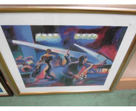 A print depicting a Jazz band and another depicting a saxophone together with a signed photograph of Alan Barnes (3-all frame