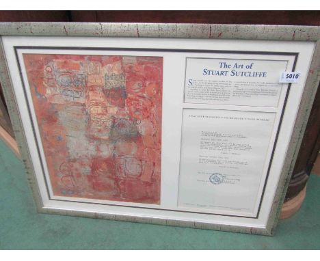 'The Art Of Stuart Sutcliffe', a framed and glazed print of an abstract painting by the original Beatles member, with replica
