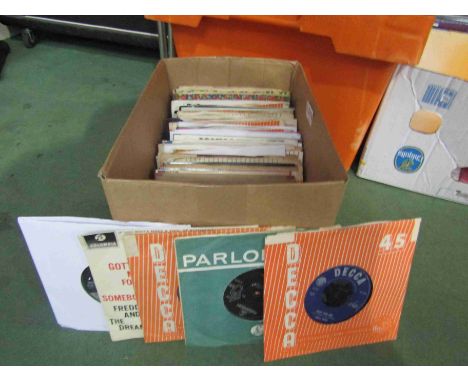 A box of 1950's and 1960's 7" singles including The Beatles, Rolling Stones, Small Faces, Willie Mitchell etc (approx. 85, ge