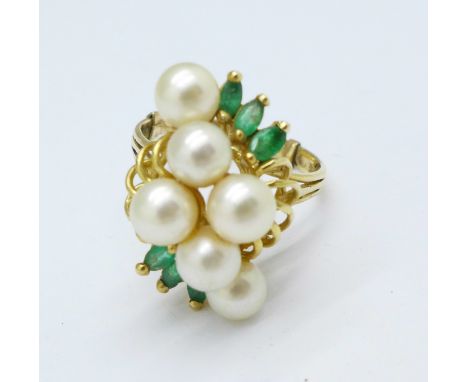 A 14ct gold, pearl and emerald ring, 5.9g, N