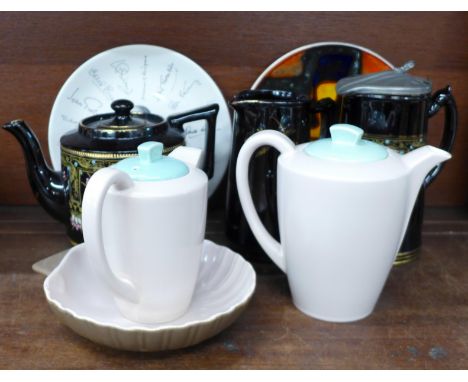 A Poole Pottery plate, two Poole coffee pots, a shell shaped dish and a Shakespeare Exhibition plate dated 1964, a 19th Centu