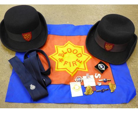 A quantity of Salvation Army badges, two Salvation Army hats, a tyg and a Blood and Fire cravat