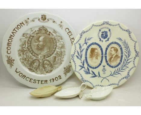 Two Worcester commemorative plates and three spoon holders