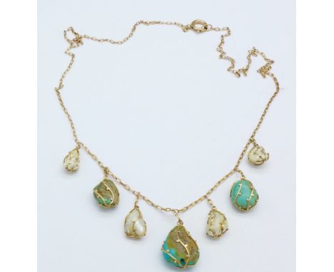 A 9ct gold set turquoise and pearl necklace